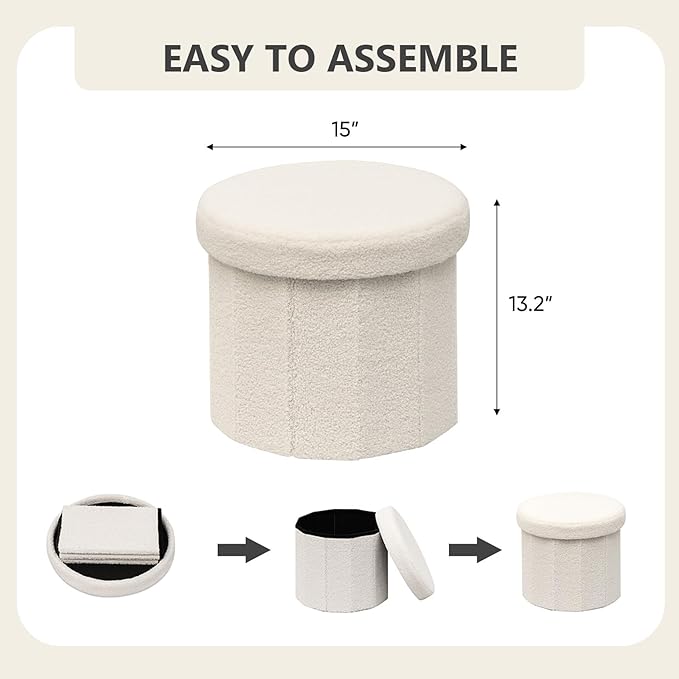 15 Inchs Round Storage Ottoman, Small Foldable Foot Stool with Hidden Storage for Living Room, Bedroom-White