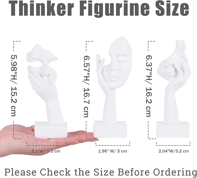 3 Pcs Thinker Small Statue Set - White Art Abstract Home Accent Figurines for Decor Woman Apartment Bookshelf Floating Shelf Coffee Table Office Desk Bathroom Counter Decor (3 Pcs White, 6")