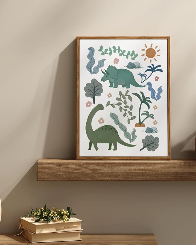 InSimSea Framed Canvas Prints Art Vintage Decor, Green Blue Dino Flower Nursery Animal Painting, Dinosaur Wall Art for Kids Toddler Bedroom Boys Gift Room Small Shelf Decor, 12x16inch