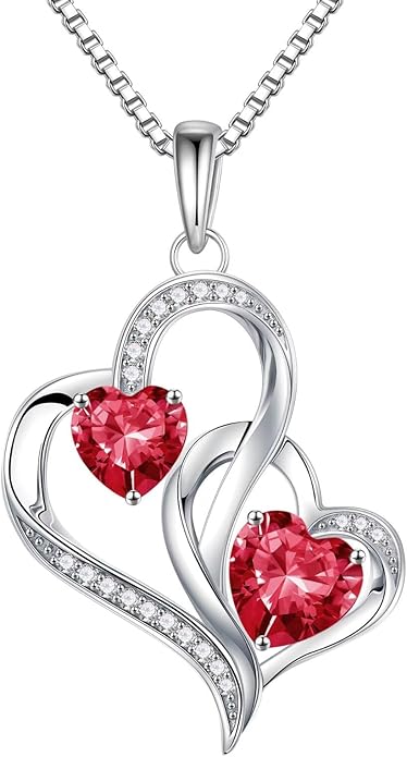 Iefil Christmas Gifts for Women - Double Heart Birthstone Necklace, 925 Sterling Silver Heart Pendant Necklace, Anniversary Birthday Gifts for Women | Personalized Jewelry Gift for Wife Mom Girlfriend