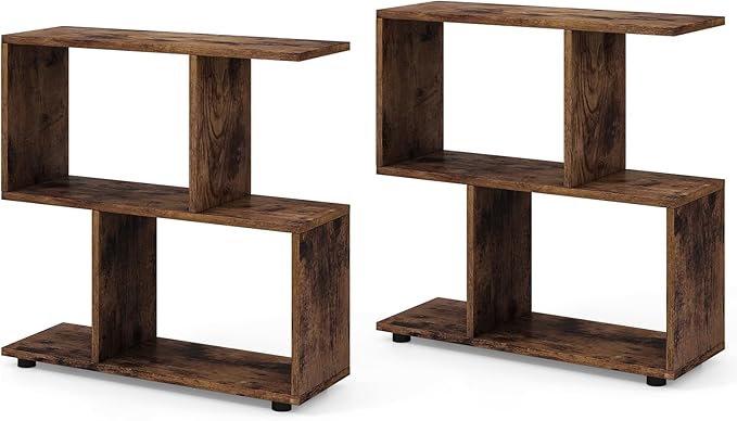 Giantex 3-Tier Geometric Bookshelf Set of 2, 24" Tall Wood S-Shaped Display Shelves with Thick Foot Pads, Freestanding Open Shelves Nightstand, Floor Standing Display Shelf Bookcase, Brown