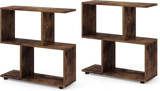 Giantex 3-Tier Geometric Bookshelf Set of 2, 24" Tall Wood S-Shaped Display Shelves with Thick Foot Pads, Freestanding Open Shelves Nightstand, Floor Standing Display Shelf Bookcase, Brown