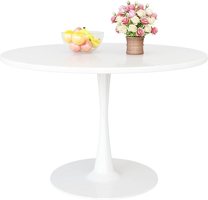 DKLGG White Round Dining Table, 42.1" Tulip Table Kitchen Dining Table 4-6 People with MDF Tabletop & Pedestal Base, Mid-Century End Leisure Coffee Office Living Room Table