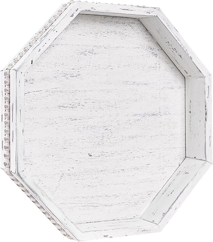 Wooden Decorative Tray, Small Serving Tray with Wood Bead, Farmhouse Big Tray for Ottoman, Countertop, Coffee Tabl, 13" x 13"x 1.6" (Retro White)