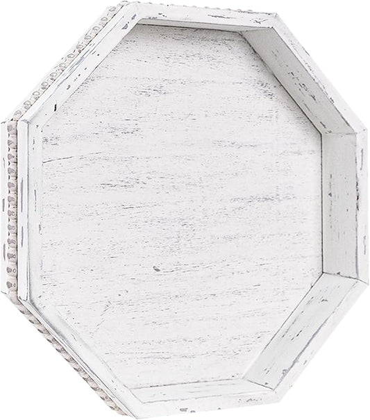 Wooden Decorative Tray, Small Serving Tray with Wood Bead, Farmhouse Big Tray for Ottoman, Countertop, Coffee Tabl, 13" x 13"x 1.6" (Retro White)