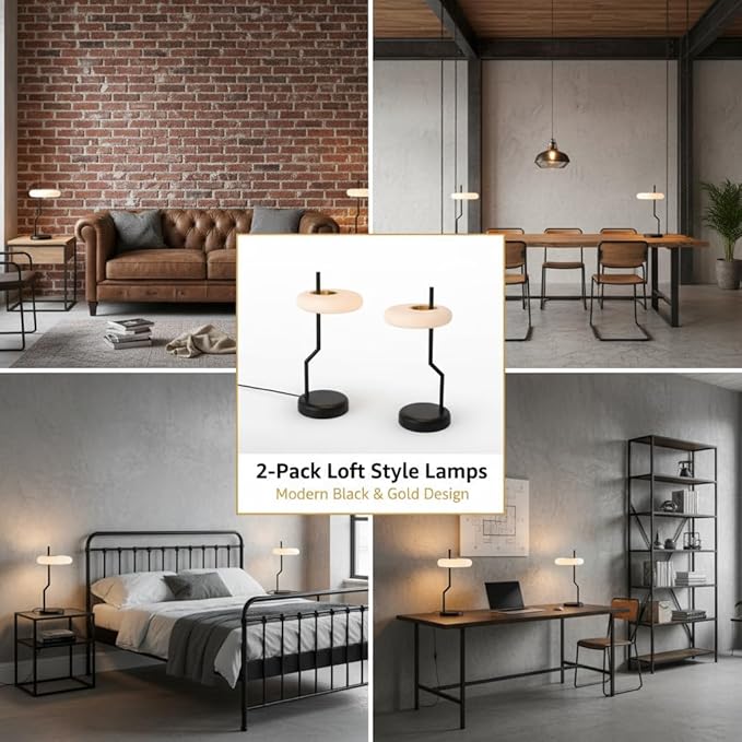 Small Bedside Table Lamp for Bedroom, Touch Control Nightstand Light, Dimmable Desk Fixture with Outlet, Modern Farmhouse Style for Reading, Living Room, Office, Home Decor (2-Pack)