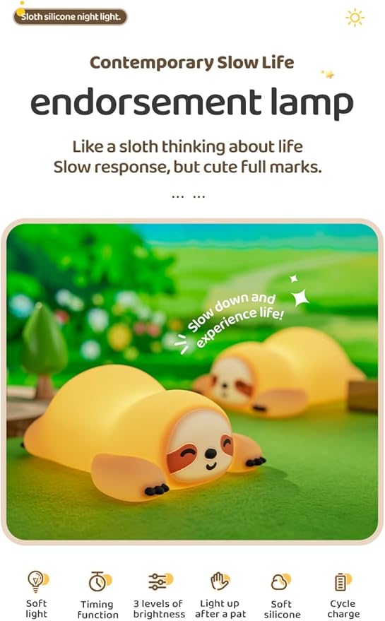 Cute Sloth Night Light, Animal Lamp, Food Grade Silicone, Rechargeable, 3 Level Dimmable, Squishy Nursery Nightlight for Desk Decor, Funny Gifts Stuff for Boys Girls Baby, White Elephant Gifts