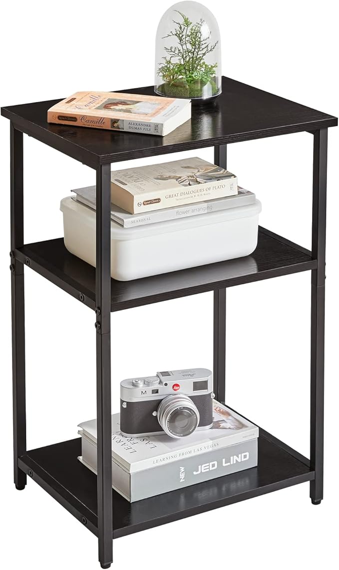 IBUYKE Side Table, 3-Tier End Table, Industrial Nightstand Small Table with Storage Shelf, for Bedroom, Living Room, Hallway, Black UTMJ402B