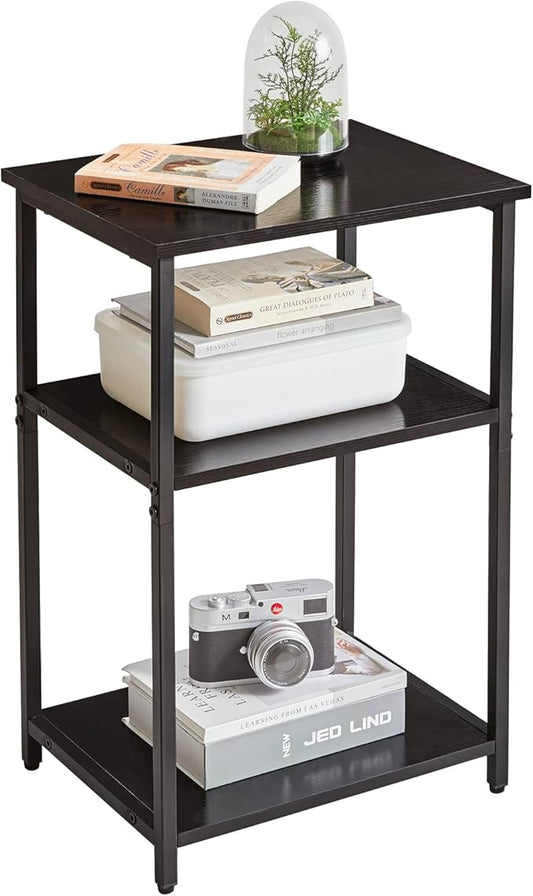 IBUYKE Side Table, 3-Tier End Table, Industrial Nightstand Small Table with Storage Shelf, for Bedroom, Living Room, Hallway, Black UTMJ402B