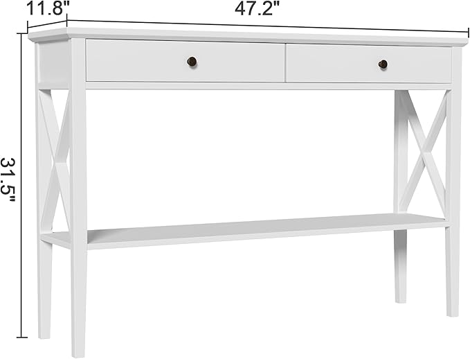 ChooChoo 47" Console Table with Drawers, Narrow Wood Accent Sofa Table Entryway Table with Storage Shelf for Entryway, Front Hall, Hallway, Living Room, White