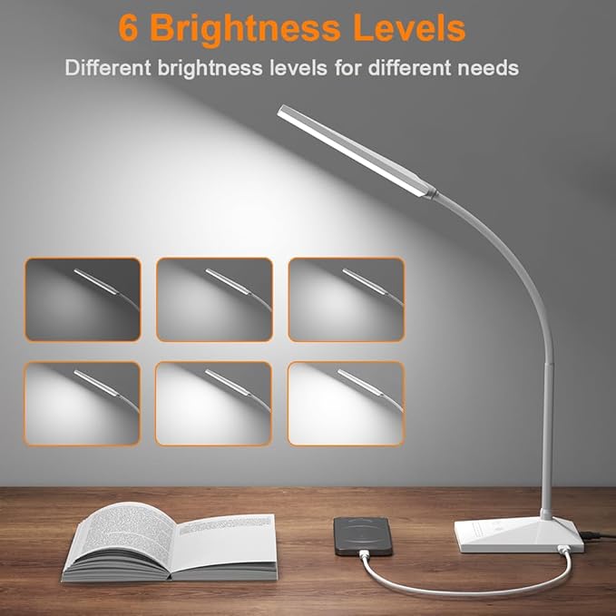Vansuny LED Desk Lamp with USB Charging Port, Eye-Caring, 5 Color Modes,6 Brightness Levels, Touch Control, Flexible Gooseneck, Memory Function for Dorm Office Work Bedroom (12W,White)