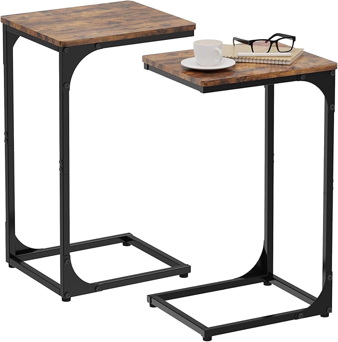 Narrow C Shaped End Tables Living Room TV Trays Set of 2, Small Thin Farmhouse Side Table Skinny Slide Under Couch Tray Tables for Sofa Bedroom Small Space 11.8 inch Width, Rustic Brown