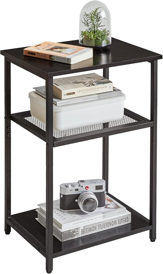 IBUYKE Side Table, 3-Tier End Table, Industrial Nightstand Small Table with Storage Shelf, for Bedroom, Living Room, Hallway, with Metal Frame, Black UTMJ403B