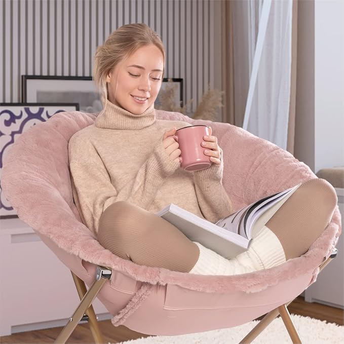 Milliard Saucer Chair For Adults, Teens & Kids, Pink, Faux Fur XL Circle Chair for Bedroom, Dorm & Gaming, Foldable Comfy Accent Seat for Small Spaces, Folding Moon / Mushroom / Round Oversized Style
