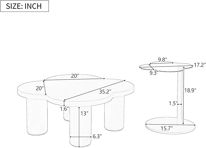 Modern Coffee Table Set of 2, Irregular Petal-Shaped Center Table with Roman Column Legs,Glass Top and Solid Surface,End Tables for Living Room, Easy Assembly Contemporary Home Decor,White