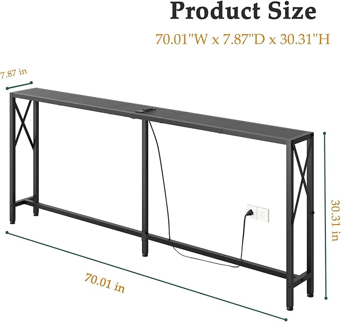 Console Table Narrow Long, Behind Couch Table with Oulets & USB Ports, Industrial Long Skinny Stand for Entryway,Hallway, Living Room, Bedroom Black, 7.9" D x 70" W x 30.3" H
