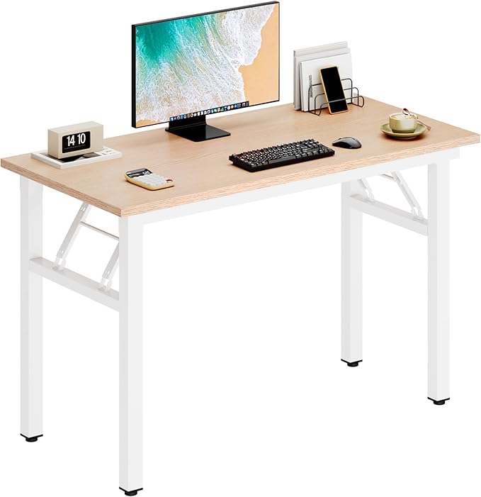 DlandHome Computer Desk Folding Table 39.4 inches Writing Desk for Small Space Study Table Laptop Desk No Assembly Required Pink Oak &White Frame