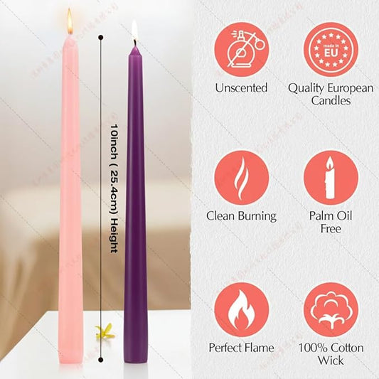 12 Pack Advent Taper Candles Set (9 Purple, 3 Pink) - 10 Inch Dripless & Smokeless Candlesticks, 8-Hour Unscented Wax for Holiday, Wedding, Dinner & Home Decor