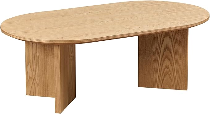 WILLIAMSPACE 39.37" Oval Wooden Coffee Table, Modern Wood Center Table with Sturdy Pedestal for Living Room, Accent Side Table End Table for Apartment (Oak)