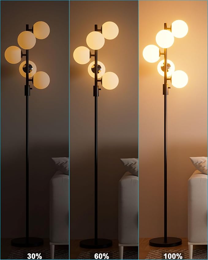Lightdot 5-Globe Dimmable Globe Floor Lamp Black Standing Lamps with 5Pcs 3000K G9 Bulbs Stepless Brightness Adjustable Retro Mid Century Modern Floor Lamp with Stable Base for Living Room/Office