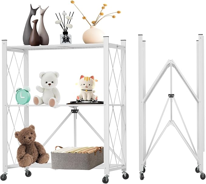 3 Tier Foldable Storage Shelf with Wheels, Heavy Duty Garage Shelving Unit Loads 550 LBS, Metal Steel Collapsible Shelves, Rolling Standing Utility Rack for Kitchen, Pantry, Office, White