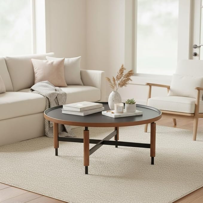 LukeAlon Modern Round Coffee Table Circle Wooden Table Top with Black Cross Legs Base, Rustic, Vintage, Living Room Easy Assembly, Black(31" D x 31" W x 13.5" H)