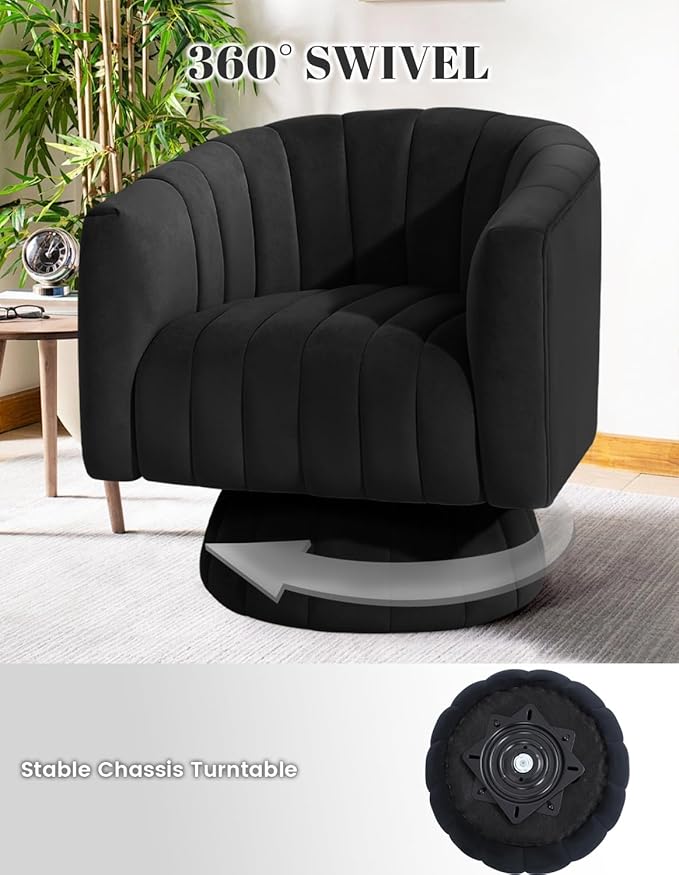 Kromax Swivel Accent Chair with Armrest, Mid Century 360 Degree Swivel Barrel Chair Overstuffed Tufted Velvet, Ideal for Living Room, Bedroom, Reading Room, Black