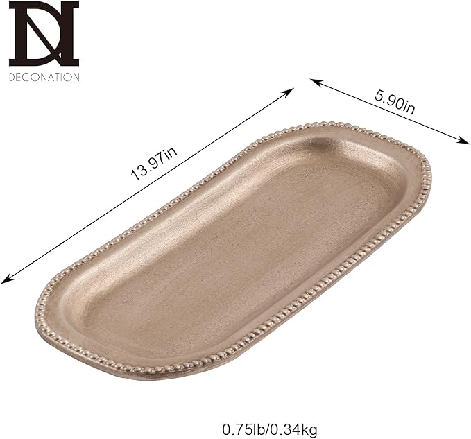 Wooden Decorative Tray, 13.9×5.9" Oval Distressed Boho Coffee Table Tray Decor, Kitchen Dining Table Trays Farmhouse Home Decor, Wood Beaded Rustic Trays for Living Room, Bathroom (Golden Brown)