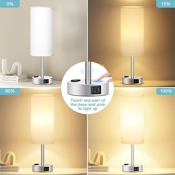 Fenmzee White Touch Bedroom Table Lamp - 3 Way Dimmable Bedside Lamp USB C A Charging Ports and AC Outlet, Small Lamp Nightstand with Silver Base for Living Room, Office Desk, LED Bulb Included