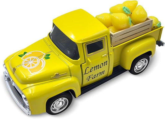 Lemon Decor Vintage Truck Decor with Mini Faux Lemons and Wooden Crate Summer Tiered Tray Decor Lemon Decorations for Home Desk Shelf Farmhouse Kitchen Centerpieces for Tables- Yellow