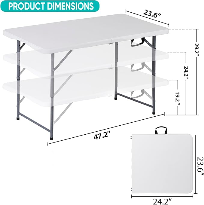 ZenStyle 4 ft Folding Table - 48"x24" White Rectangular Portable Plastic Table for Indoor, Indoor, Outdoor, Camping, Parties & Events | Lightweight Multi-Purpose Utility & Dining Table