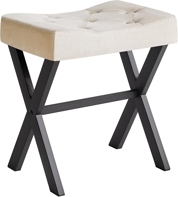 IBUYKE U-Shaped Linen Vanity Stool, Square Makeup Chair with X-Leg, Ottoman Seat Footrest Stool, Multi-Use as Small Side Table, for Bedroom, Living Room, Linen WBD018Y