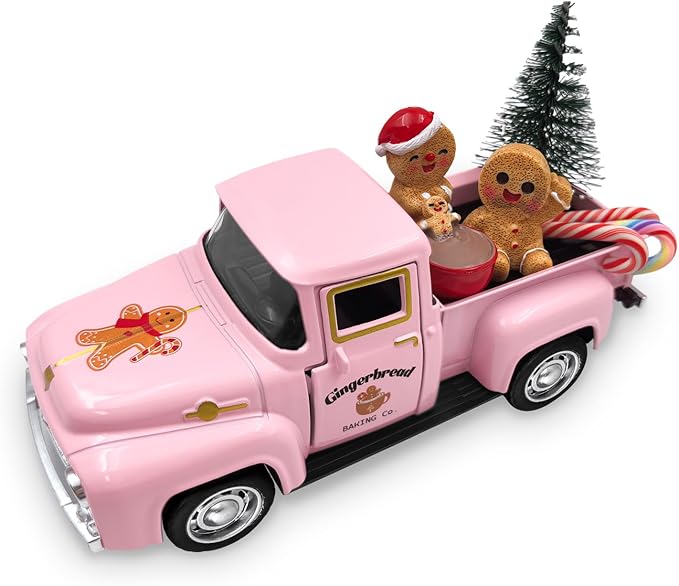 Pink Gingerbread Christmas Decor Vintage Farmhouse Metal Truck with Mini Xmas Tree Gingerbread Man Hot Cocoa Candy Canes Pastel Ginger Bread Christmas Table Decorations for Holiday Mantel Home Kitchen