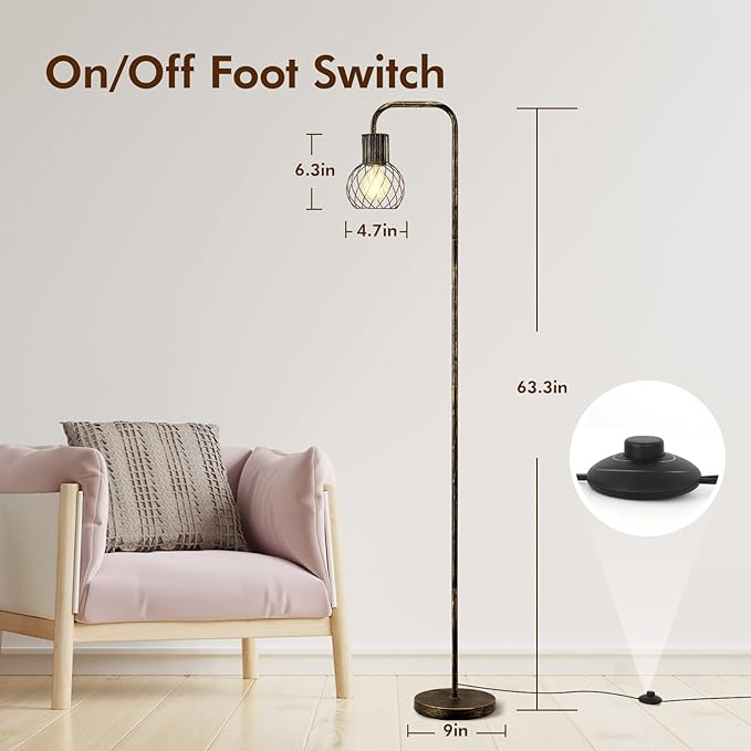 Industrial Floor Lamp, Antique Bronze Standing Lamp Modern with 6W LED Bulb, Foot Switch, Metal Tall Lamps for Living Room, Bedroom, Office, Vintage Stand Up Lamp, Minimalist Farmhouse Floor Lamp