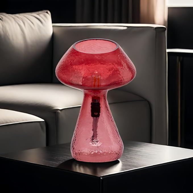 Dimmable Mushroom lamp,red Glass Mushroom Bedside Table Lamp,Village Style Small Nightstand Desklamp for Home Decor, Dining, Living, Bedroom, Gift（LED Bulbs Included）