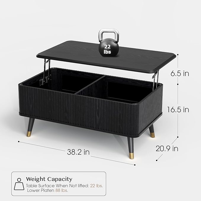 Lift Top Coffee Table with Storage Shelf & Hidden Compartment, Mid Century Modern Fluted Rectangle Dining Table for Living Room, Home Office,Black