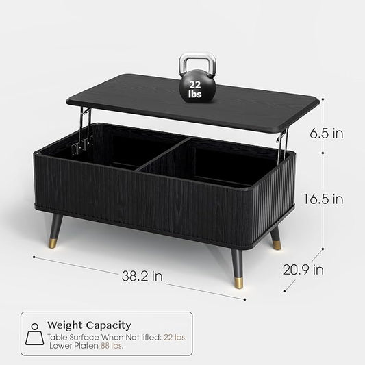 Lift Top Coffee Table with Storage Shelf & Hidden Compartment, Mid Century Modern Fluted Rectangle Dining Table for Living Room, Home Office,Black