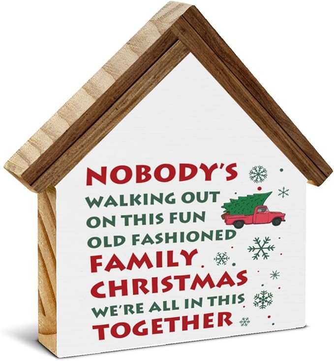 Funny Christmas Decor, Old Fashioned Family Christmas House Shaped Wood Block Sign, Xmas Holiday Vacation Home Decorations for Desk Table Shelf