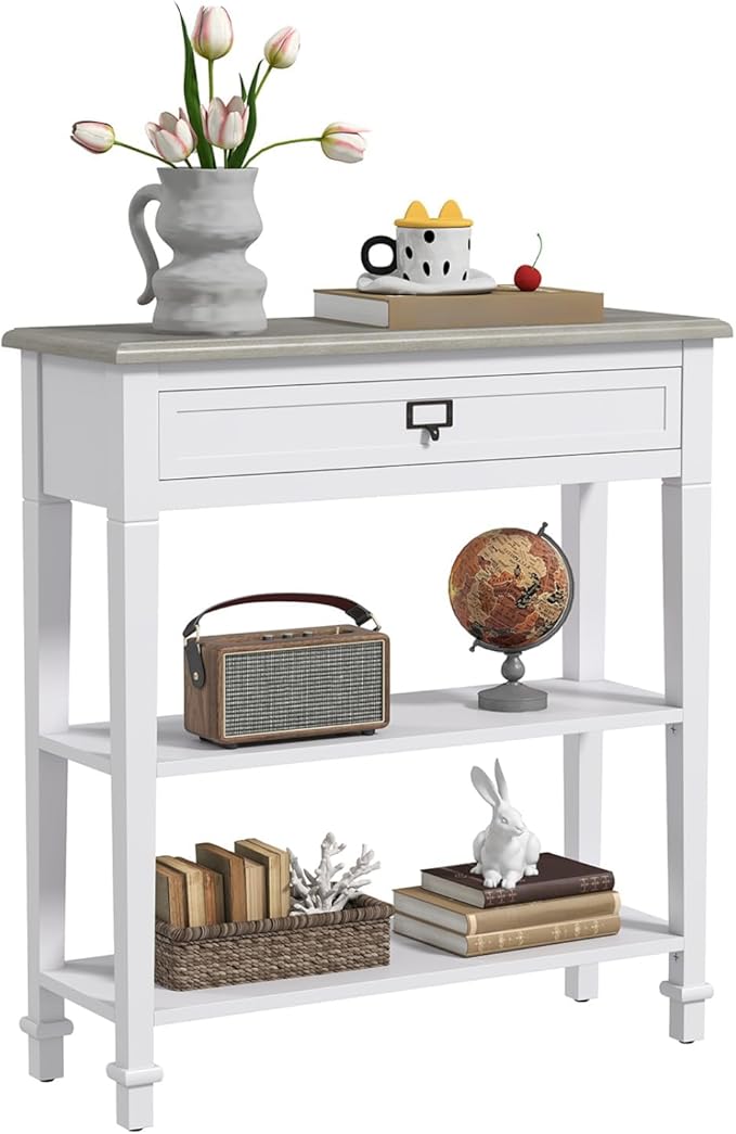 kinbor Accent White Console Table with Drawer and Shelf, Wood Sofa Table with Storage for Entryway Hallway Living Room