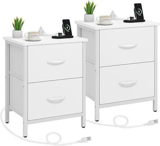 Vagusicc Nightstand Set of 2 with Charging Station, End Table Bedside Table with Power Outlet & USB Ports, Side Table with 2 Fabric Drawers for Bedroom, Living Room, White