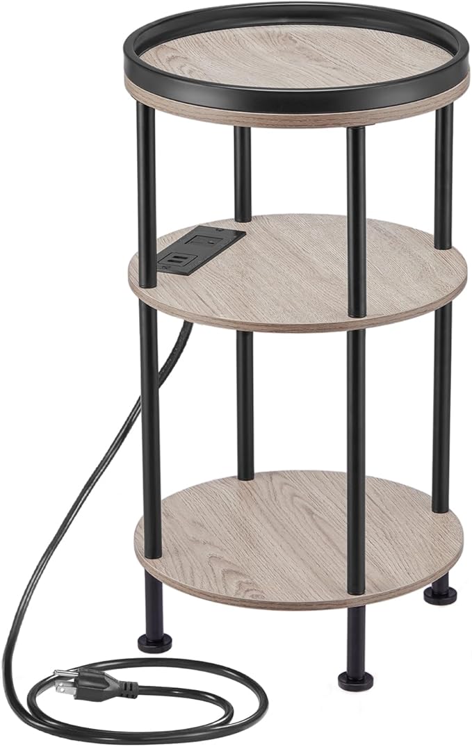 Small Round Side Table with Charging Station for Small Spaces, 3-Tier Accent Table with USB Ports & Power Outlets, Corner Tea Table Sofa Table for Living Room Nightstand Bedroom Apartment(USB,Oak)