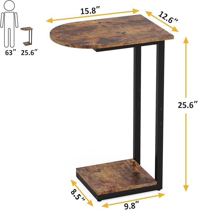 Hosfais Side Table Small End Table, C-Shaped Wood Sofa Table with Metal Frame for Living Room, Bedroom, Small Spaces (Rustic Brown)