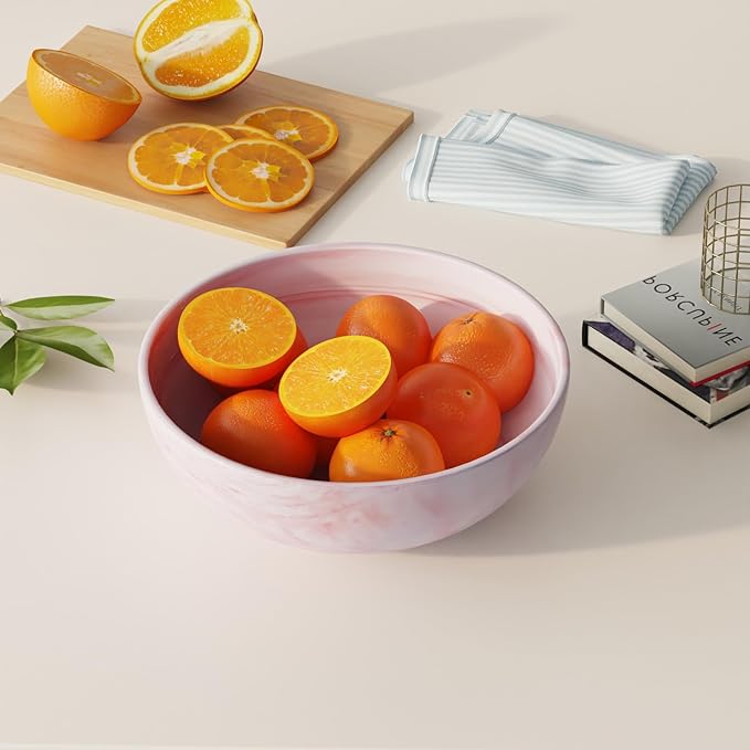 Large Decorative Fruit Bowl, Marble-patterned Ceramic Bowl for Coffee Table Entryway Kitchen Modern Home Decor Centerpiece 9.5 Inches, Pink