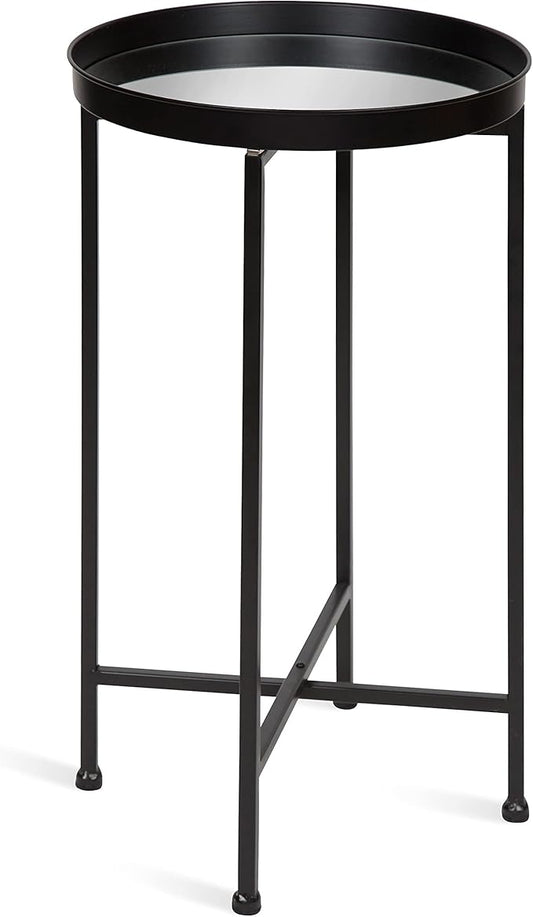 Kate and Laurel Celia Round Metal Foldable Accent Table with Mirror Tray Top, Black