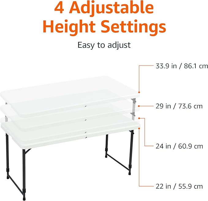 Amazon Basics 4 Foot Rectangular Folding Dining Table, 4 Adjustable Height Settings with Carrying Handle, Indoor & Outdoor, White, 47.8 x 23.9 x 33.9 in