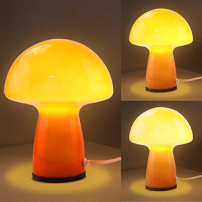 Flame Red Mushroom lamp,Glass Mushroom Bedside Table Lamp Translucent Vintage Style Small Nightstand Desklamp for Home Decor, Dining, Living, Bedroom, Gift（3-Color Bulbs Included）