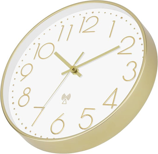 Foxtop Atomic Wall Clock Battery Operated Round Analog Modern Wall Clock Sets Automatically for Office Classroom Bedroom Kitchen Living Room (Gold)