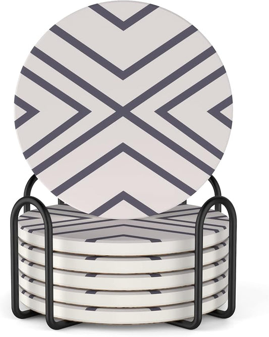 LIFVER 6 Piece Absorbent Stone Coaster Set with Holder, Ceramic Drink Coasters, 4 Inch Farmhouse Coasters with Cork Base, Ideal Gift for Housewarming