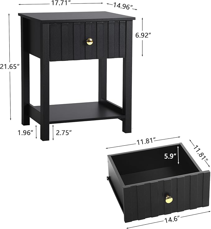 Wood Nightstand, 21.65" H Bedside Table with Wide Fluted Finish, Modern Night Stands with Drawer, Mid Century End Table for Bedroom (Black)