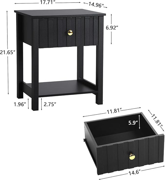 Wood Nightstand, 21.65" H Bedside Table with Wide Fluted Finish, Modern Night Stands with Drawer, Mid Century End Table for Bedroom (Black)